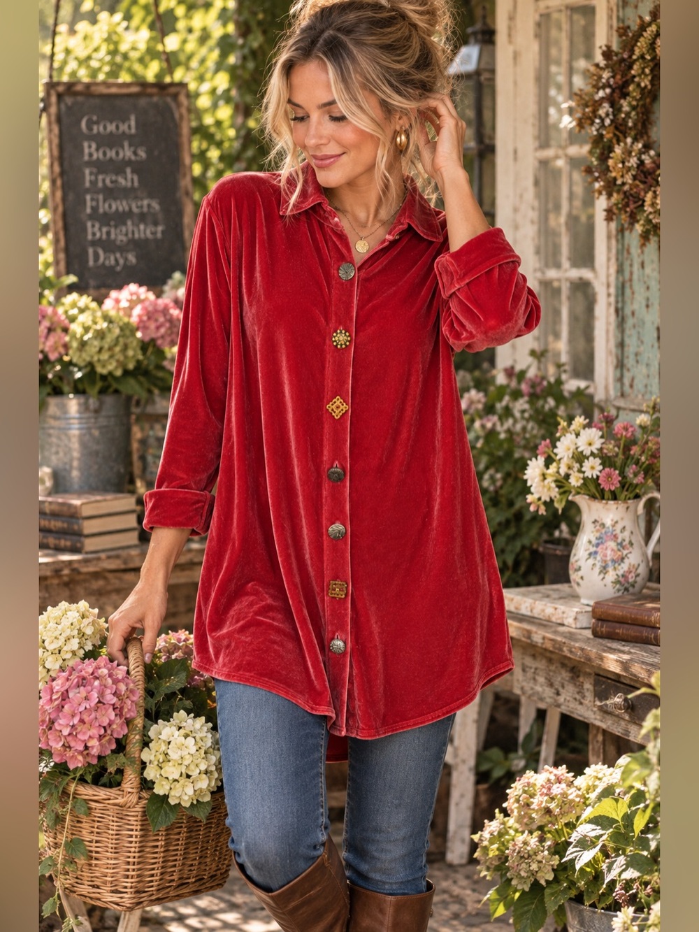 Soft Surroundings Red Velvet Button Front Tunic Shirt Small Boho Holiday